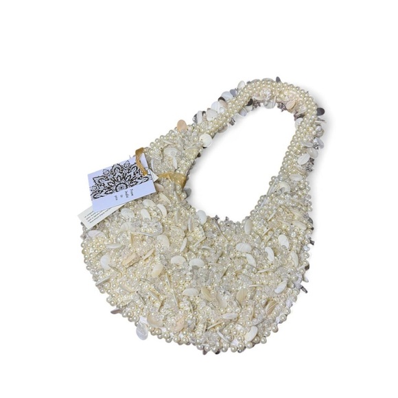 STAUD Handbags - Cream and white Beaded pearl and shell shoulder moon bag